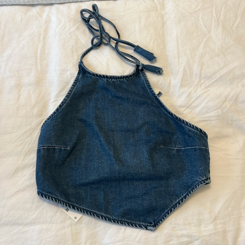 Zara Denim Crop Halter Tie Backless Top